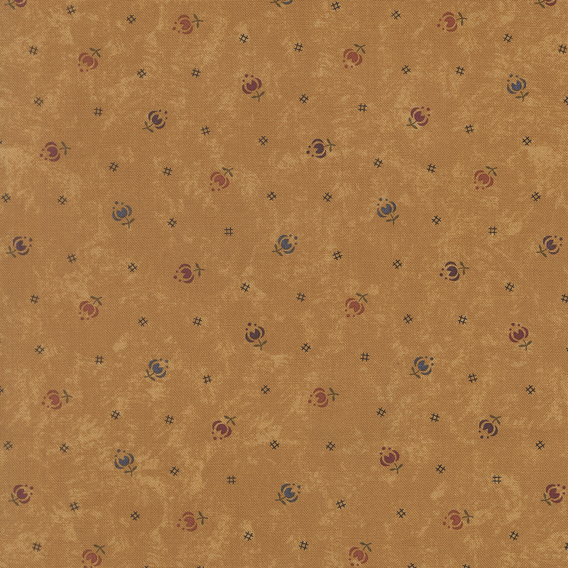 Mottled spice brown fabric featuring stylized tulips in multiple colors and black cross-hatch symbols.