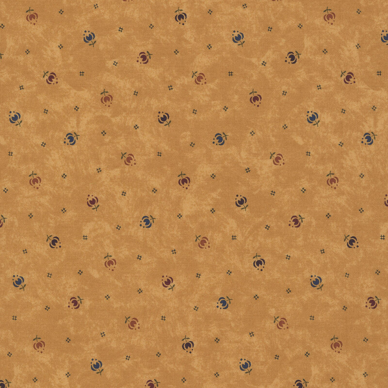 Mottled spice brown fabric featuring stylized tulips in multiple colors and black cross-hatch symbols.
