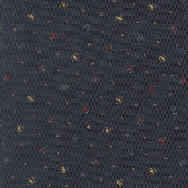 Mottled dark navy fabric featuring stylized tulips in multiple colors and black cross-hatch symbols.