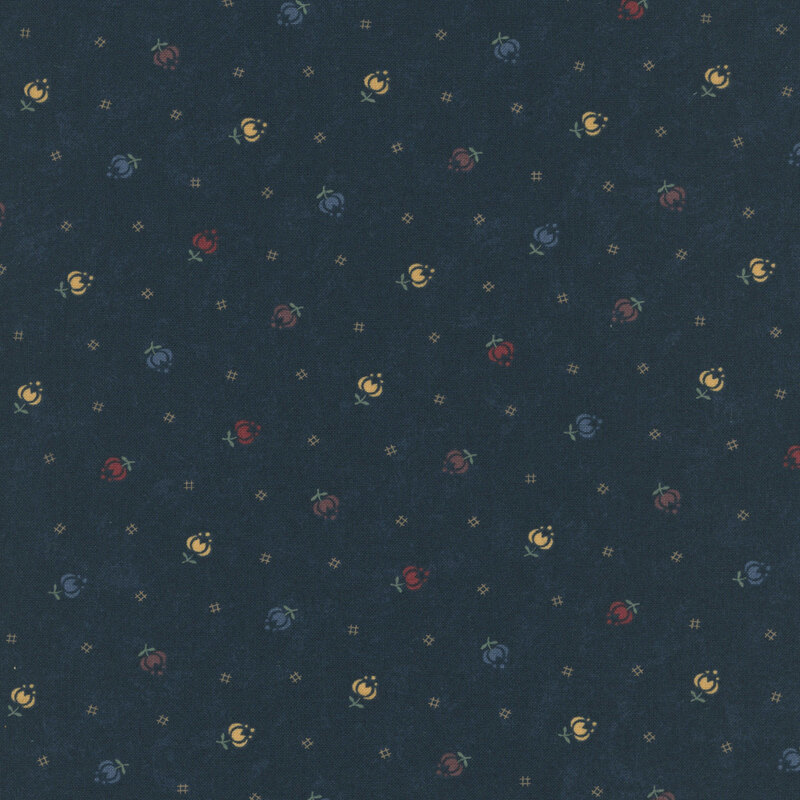Mottled dark navy fabric featuring stylized tulips in multiple colors and black cross-hatch symbols.