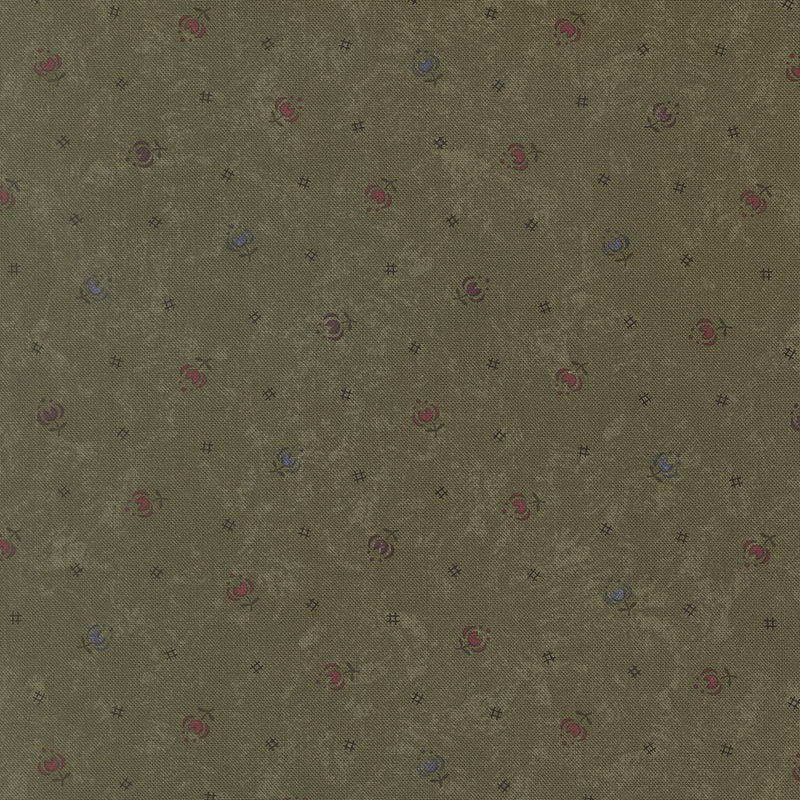 Mottled olive fabric featuring stylized tulips in multiple colors and black cross-hatch symbols.