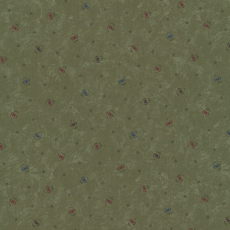 Mottled olive fabric featuring stylized tulips in multiple colors and black cross-hatch symbols.