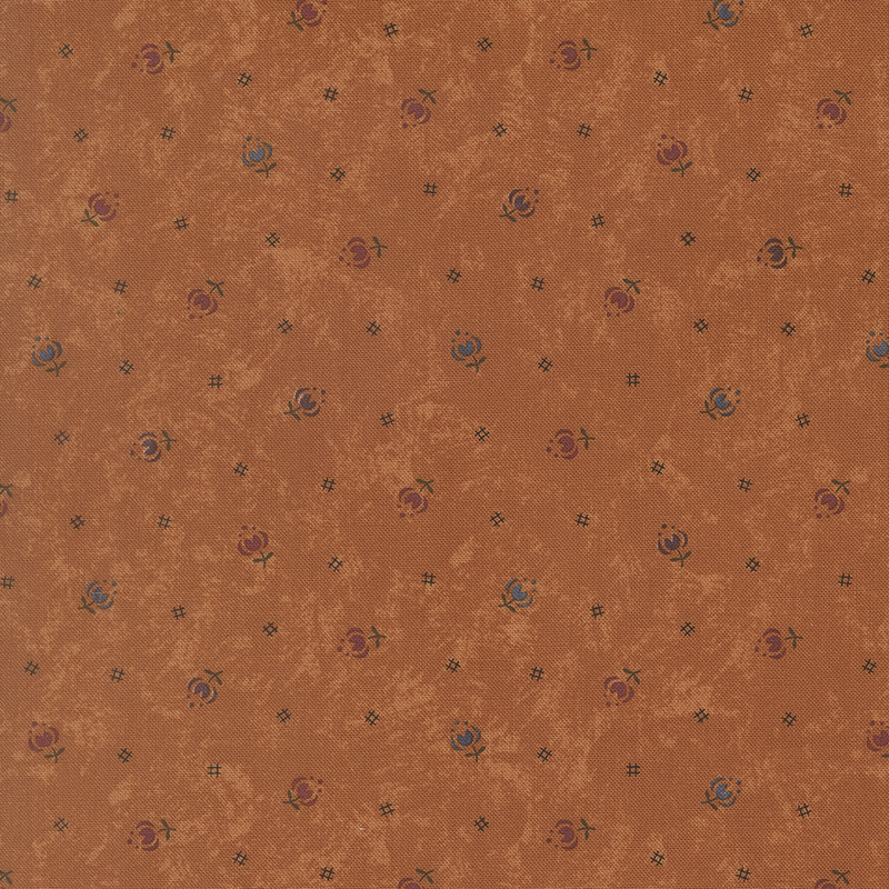 Mottled burnt sienna fabric featuring stylized tulips in multiple colors and black cross-hatch symbols.