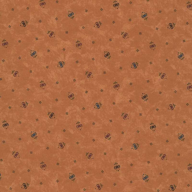 Mottled burnt sienna fabric featuring stylized tulips in multiple colors and black cross-hatch symbols.