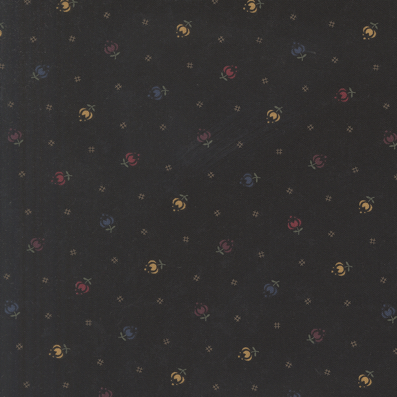 Mottled soft black fabric featuring stylized tulips in multiple colors and black cross-hatch symbols.