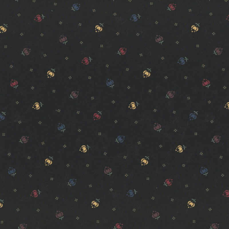 Mottled soft black fabric featuring stylized tulips in multiple colors and black cross-hatch symbols.