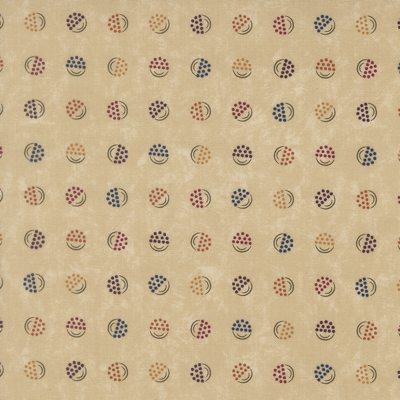 Light sand-colored fabric with a softly mottled texture, featuring stylized berry-in-a-bucket motifs in shades of blue, orange, purple, yellow, and red.