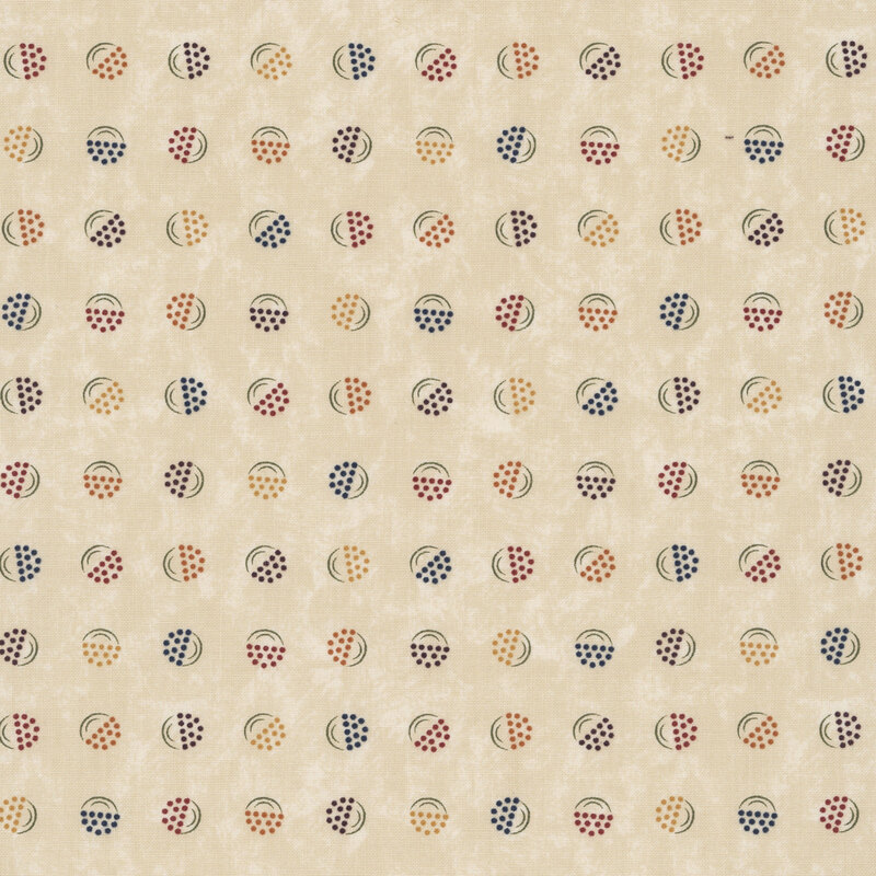 Light sand-colored fabric with a softly mottled texture, featuring stylized berry-in-a-bucket motifs in shades of blue, orange, purple, yellow, and red.