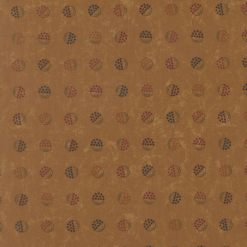 Spice brown fabric with a softly mottled texture, featuring stylized berry-in-a-bucket motifs in shades of blue, orange, purple, yellow, and red.