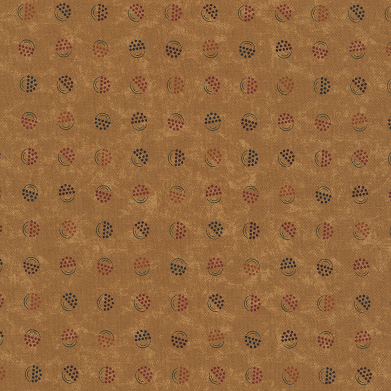 Spice brown fabric with a softly mottled texture, featuring stylized berry-in-a-bucket motifs in shades of blue, orange, purple, yellow, and red.
