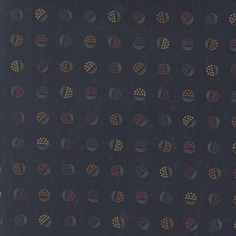 Deep navy fabric with a softly mottled texture, featuring stylized berry-in-a-bucket motifs in shades of blue, orange, purple, yellow, and red.