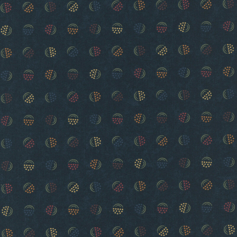 Deep navy fabric with a softly mottled texture, featuring stylized berry-in-a-bucket motifs in shades of blue, orange, purple, yellow, and red.