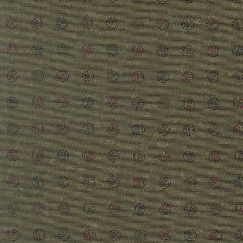 Dark sage fabric with a softly mottled texture, featuring stylized berry-in-a-bucket motifs in shades of blue, orange, purple, yellow, and red.