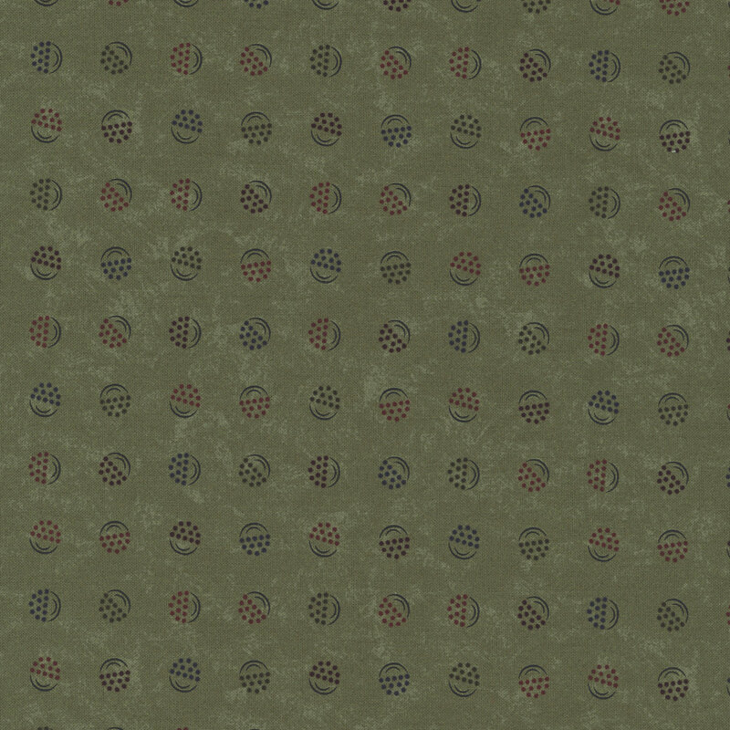 Dark sage fabric with a softly mottled texture, featuring stylized berry-in-a-bucket motifs in shades of blue, orange, purple, yellow, and red.