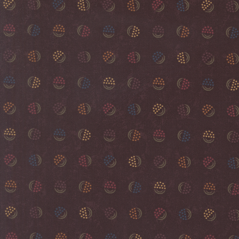 Black cherry-colored fabric with a softly mottled texture, featuring stylized berry-in-a-bucket motifs in shades of blue, orange, purple, yellow, and red.