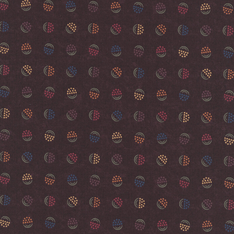 Black cherry-colored fabric with a softly mottled texture, featuring stylized berry-in-a-bucket motifs in shades of blue, orange, purple, yellow, and red.