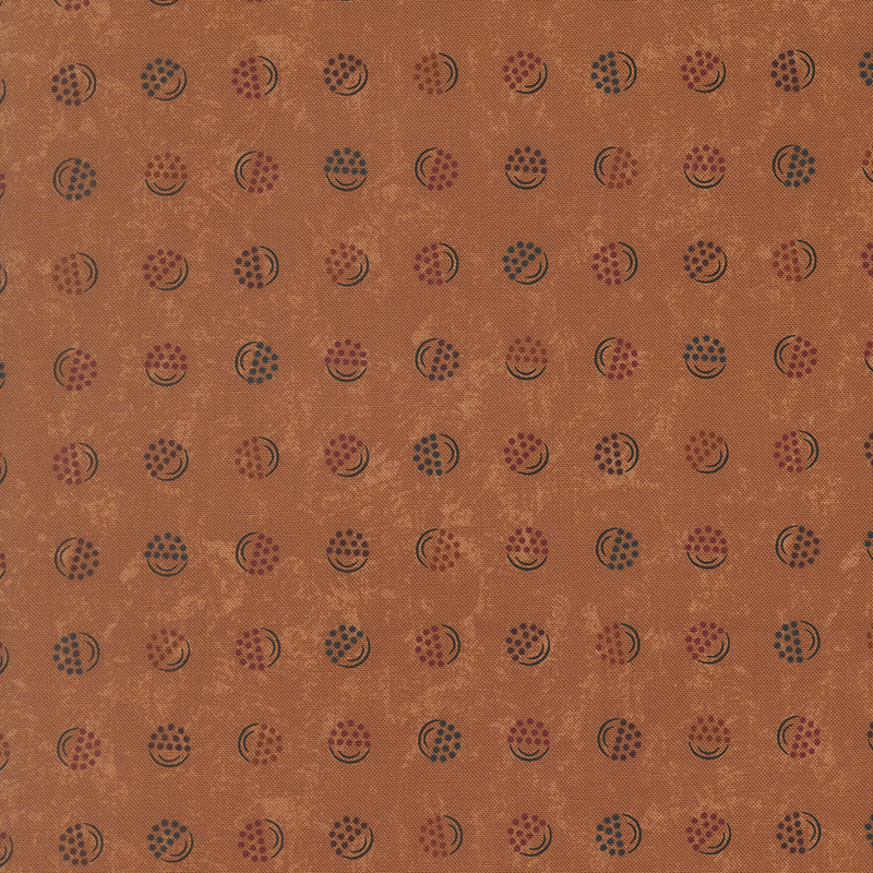 Burnt sienna fabric with a softly mottled texture, featuring stylized berry-in-a-bucket motifs in shades of blue, orange, purple, yellow, and red.