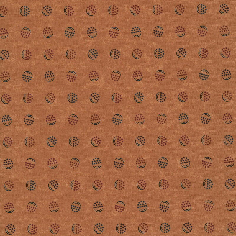 Burnt sienna fabric with a softly mottled texture, featuring stylized berry-in-a-bucket motifs in shades of blue, orange, purple, yellow, and red.