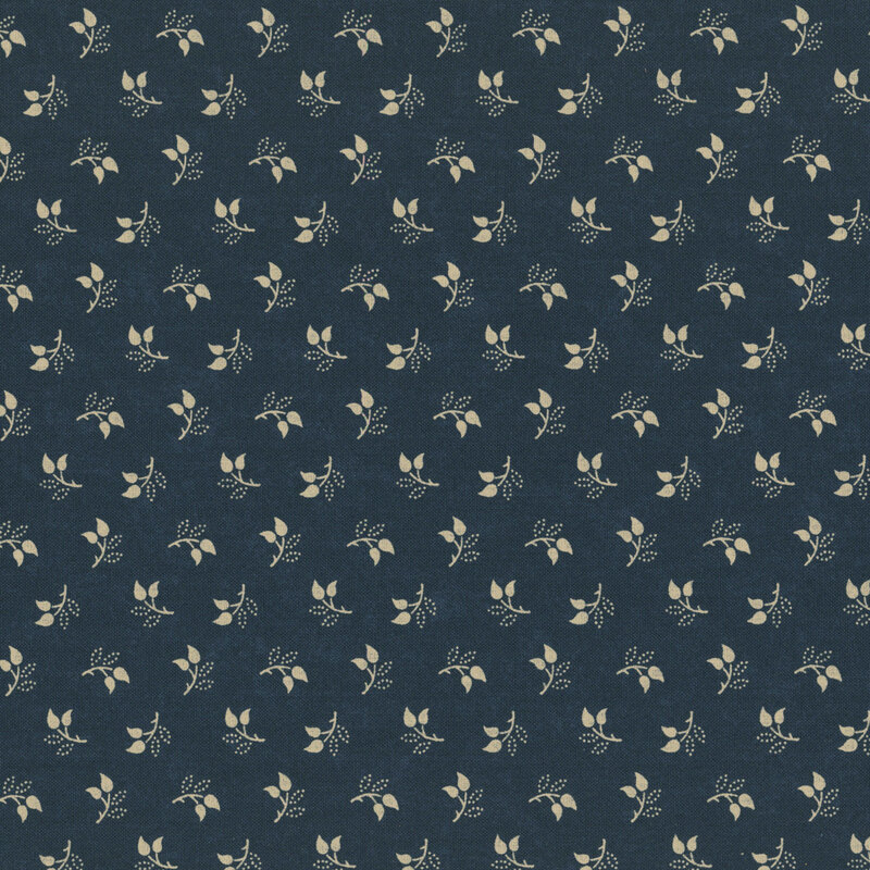 Mottled black fabric featuring a tossed pattern of sprig leaves.