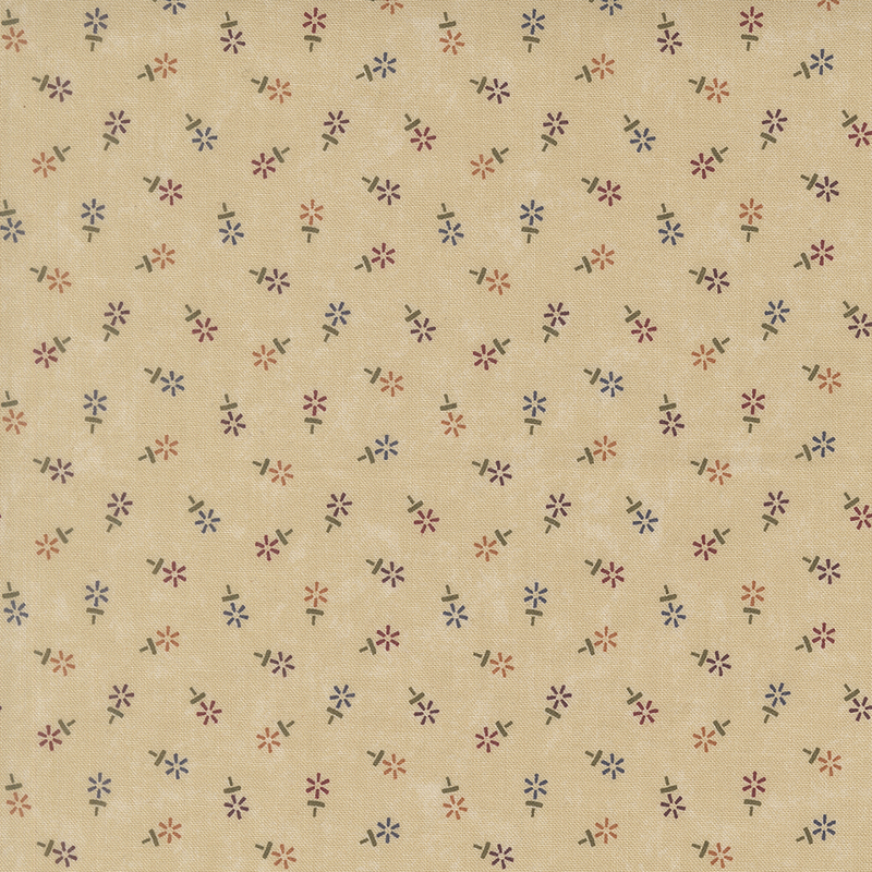 Mottled sand fabric featuring a tossed geometric floral print in hues of red, orange, purple, and blue.