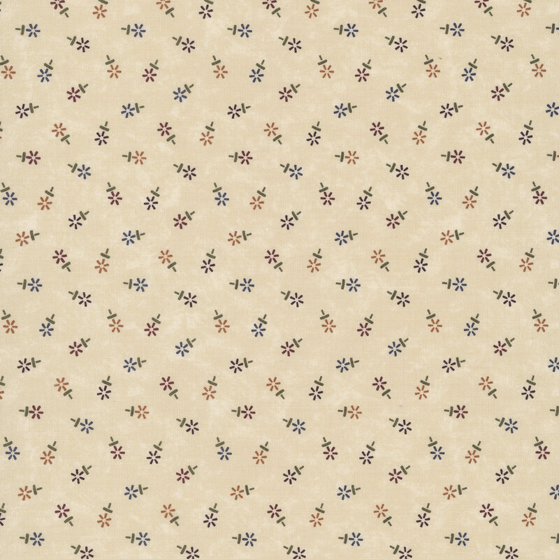 Mottled sand fabric featuring a tossed geometric floral print in hues of red, orange, purple, and blue.