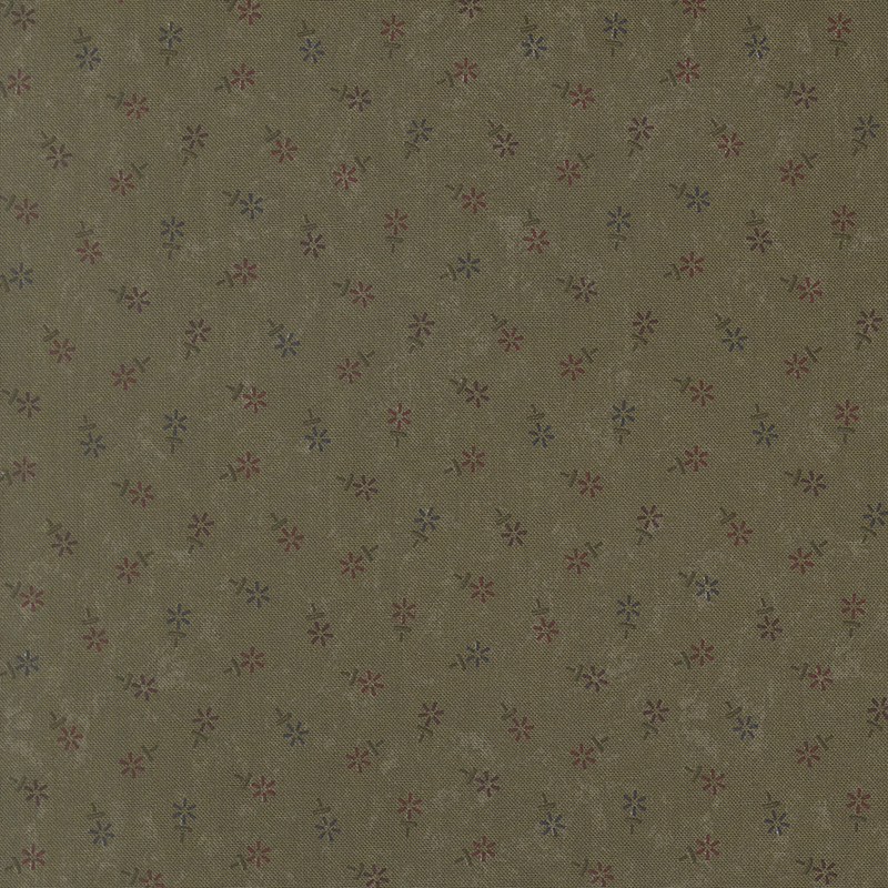 Dark sage mottled fabric featuring a tossed geometric floral print in hues of red, purple, and blue.