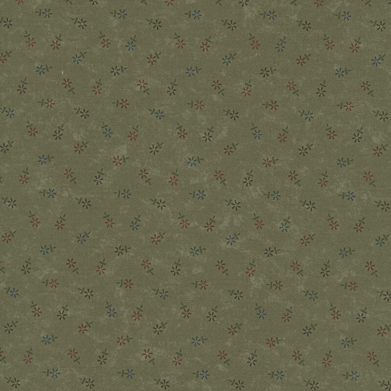 Dark sage mottled fabric featuring a tossed geometric floral print in hues of red, purple, and blue.