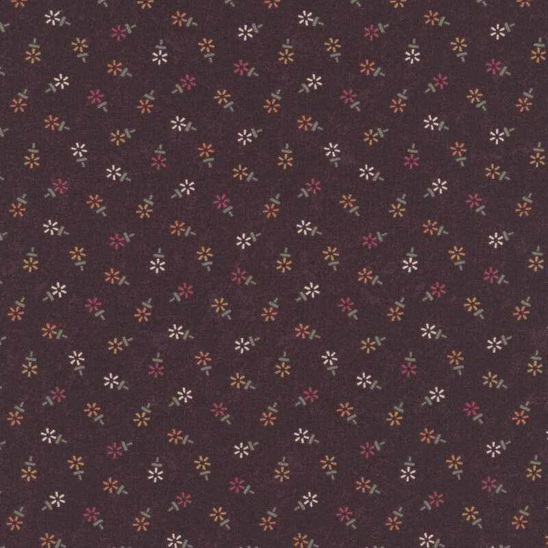 Mottled mulberry fabric featuring a tossed geometric floral print in hues of red, yellow, and cream.