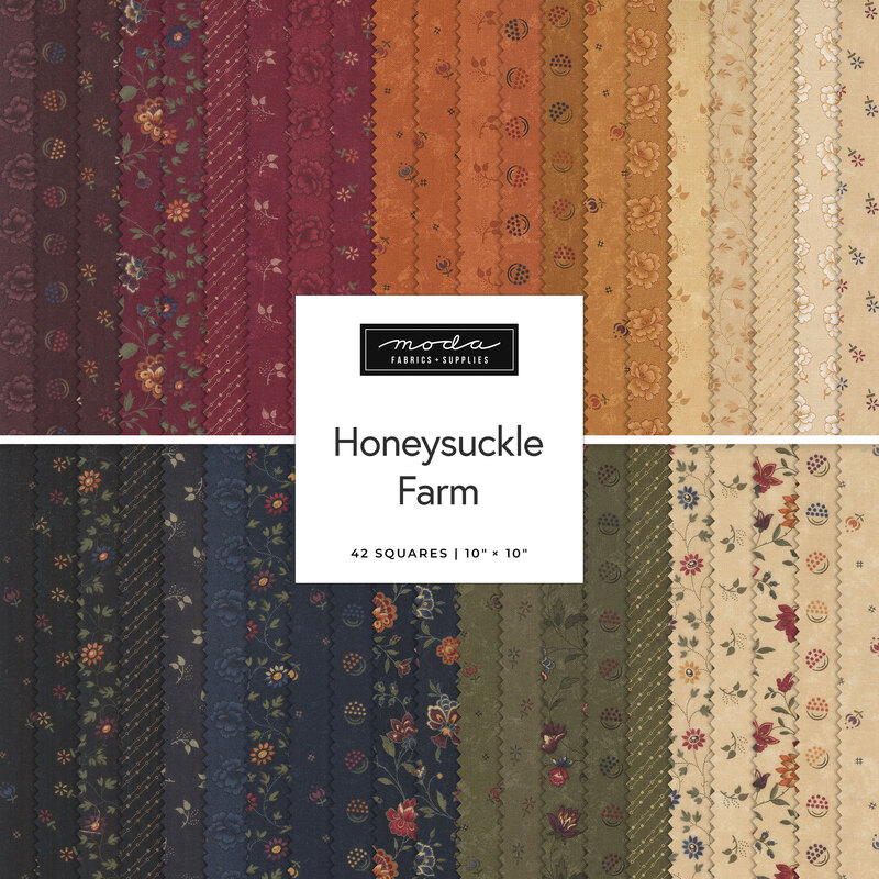 Square collage of fabric strips from the honeysuckle farm collection in shades of black, red, orange, sand, green, and blue