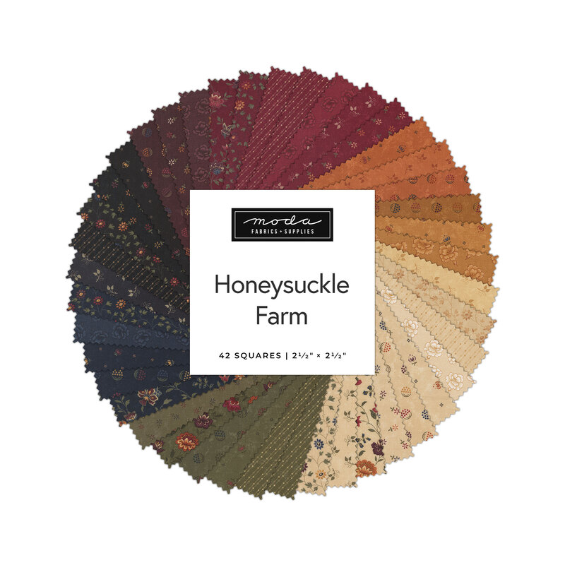 Circular collage of fabrics from the honeysuckle farm collection in shades of black, red, orange, sand, green, and blue