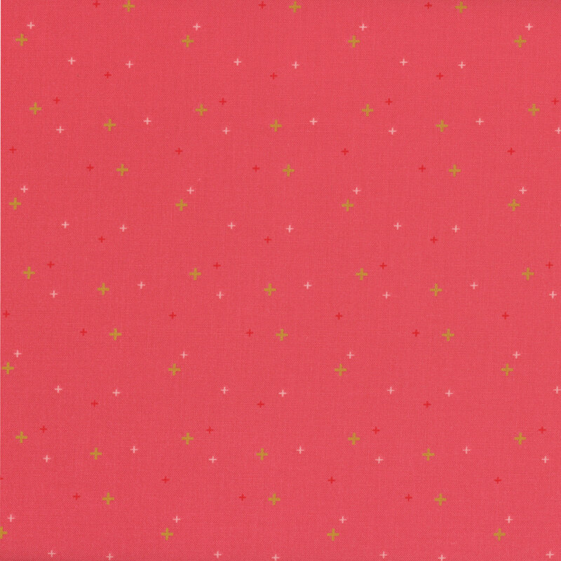 gold crosses scattered with red and pink crosses on rouge red fabric