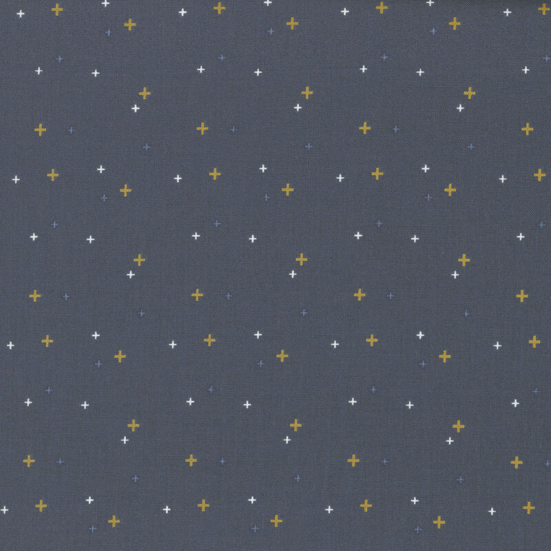 gold crosses scattered with dark blue and white crosses on fabric