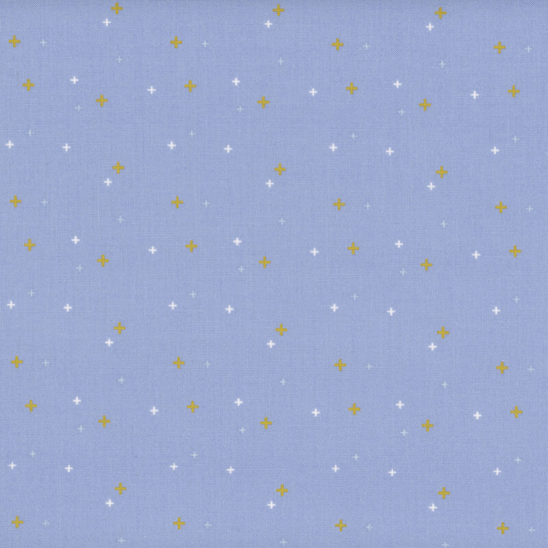 gold hearts scattered with blue and white crosses on powder blue fabric
