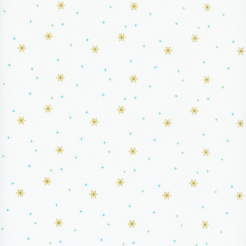gold stars tossed with aqua crosses on light cream fabric