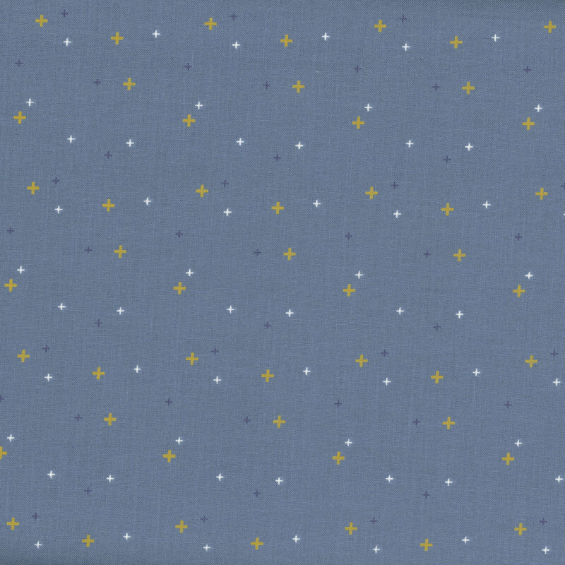 gold crosses scattered with blue and white crosses on cadet blue fabric