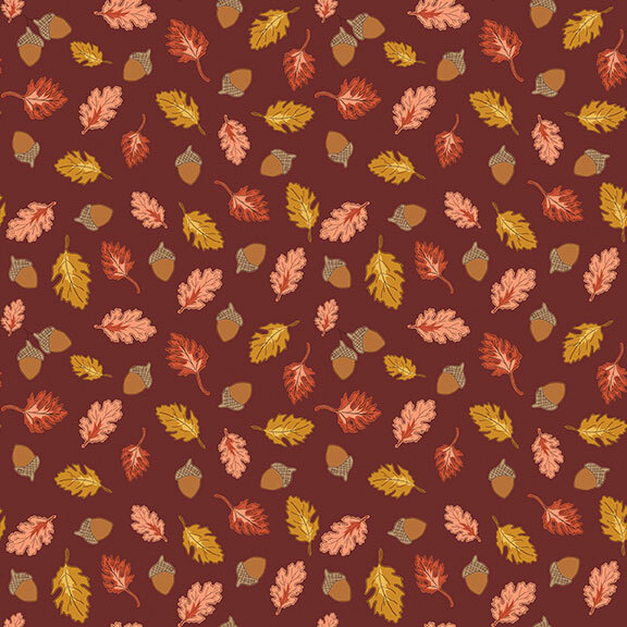 A brown rust fabric swatch featuring a pattern of tossed acorns and leaves.