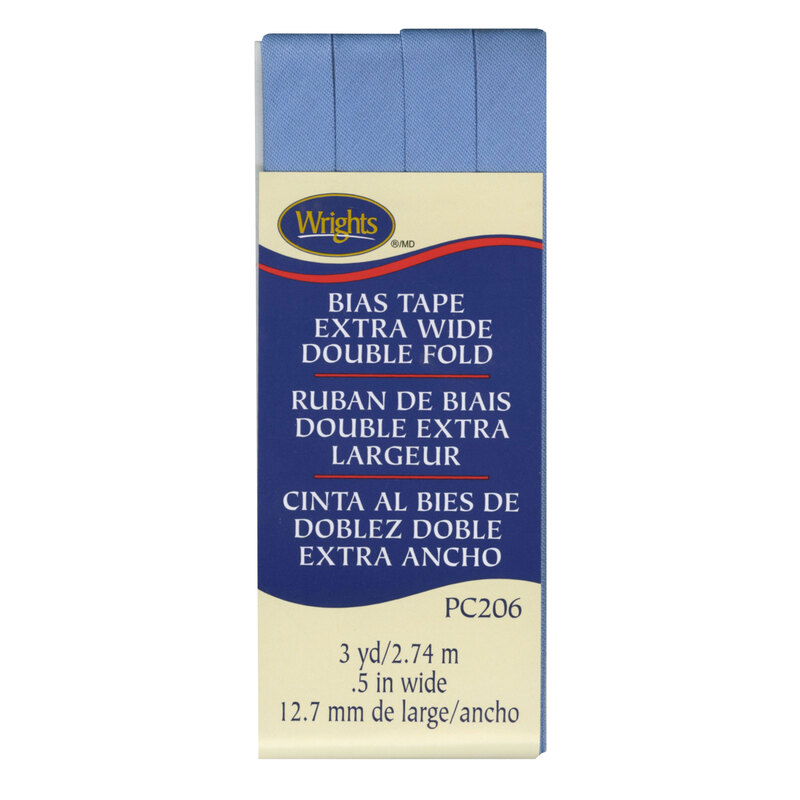 Light blue bias tape in packaging labeled Bias Tape Extra Wide Double Fold.