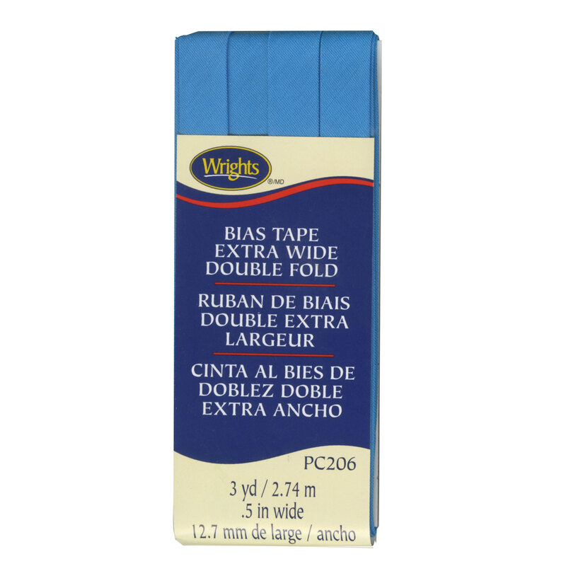 Cerulean bias tape in packaging labeled Bias Tape Extra Wide Double Fold.
