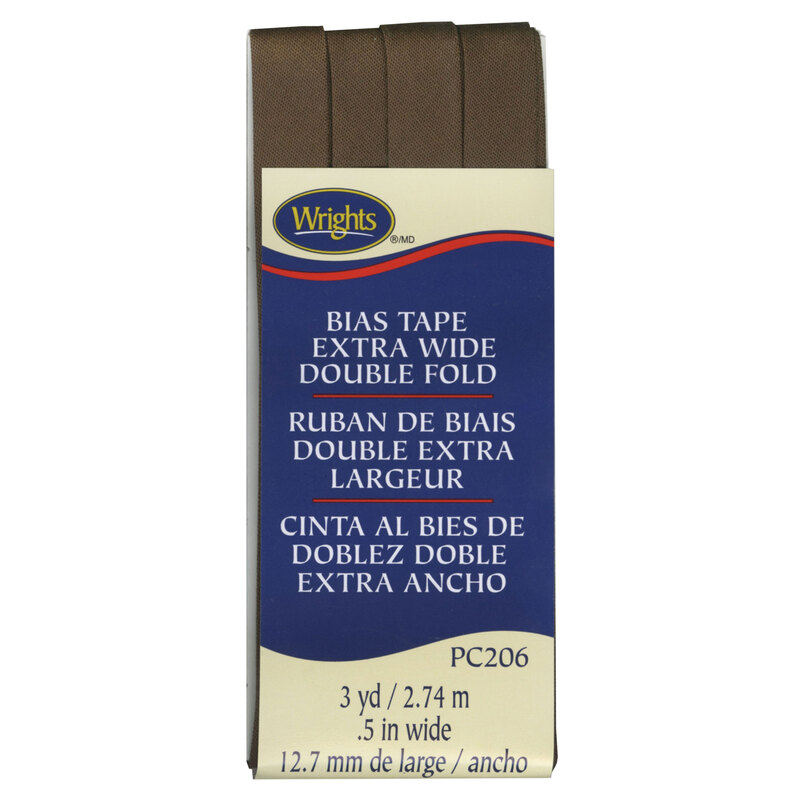 Dark mocha bias tape in packaging labeled Bias Tape Extra Wide Double Fold.
