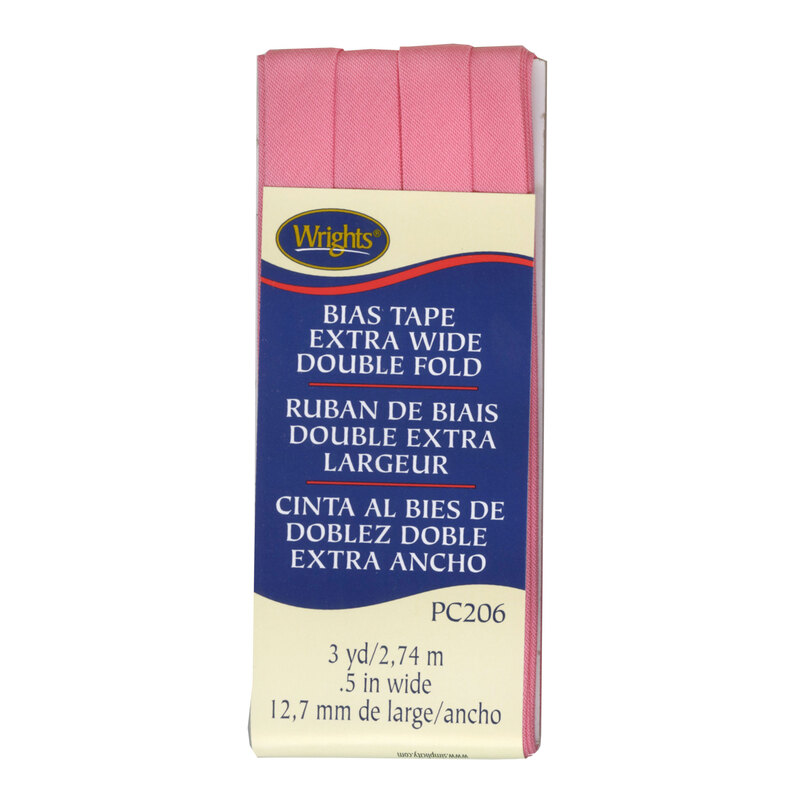 Candy pink bias tape in packaging labeled Bias Tape Extra Wide Double Fold.