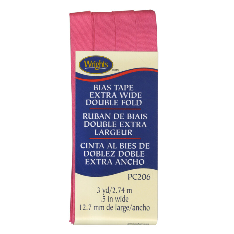 Berry pink bias tape in packaging labeled Bias Tape Extra Wide Double Fold.