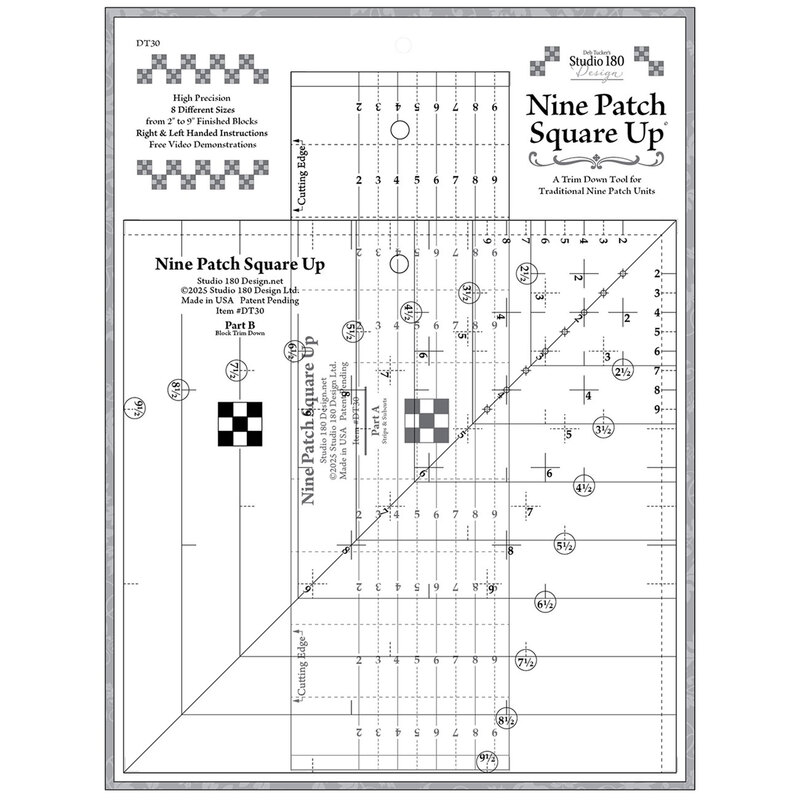 A sewing pattern layout titled Nine Patch Square Up, featuring grids, measurements, and block designs.