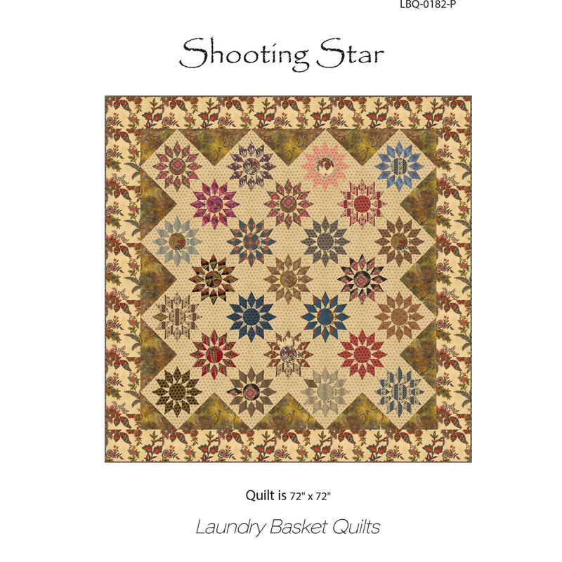 Quilt design titled Shooting Star featuring floral motifs and star patterns on a neutral background.