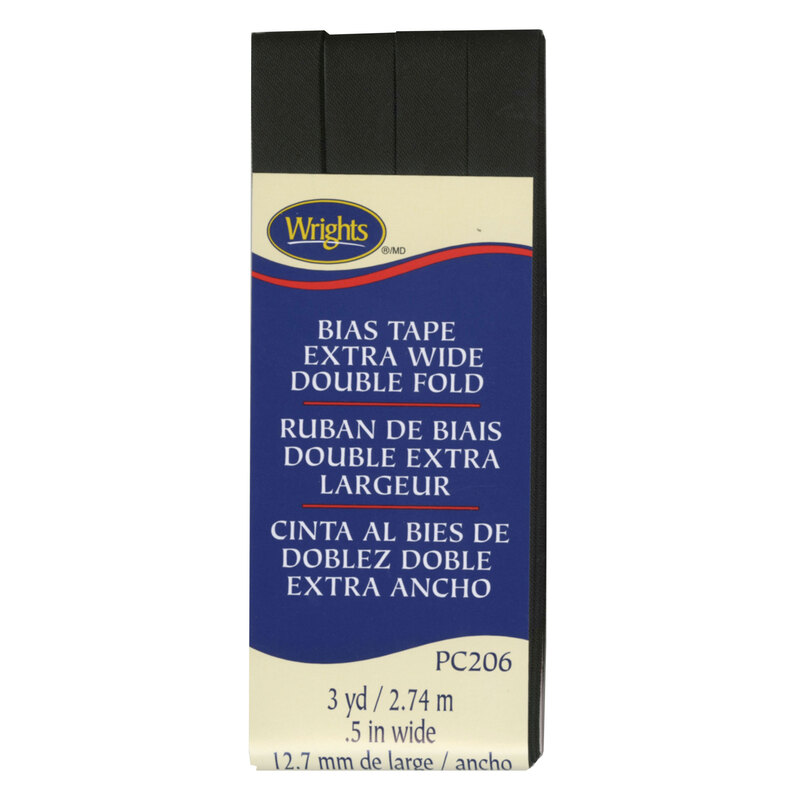 Black bias tape in packaging labeled Bias Tape Extra Wide Double Fold.