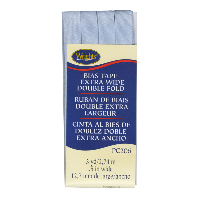Ice blue bias tape in packaging labeled Bias Tape Extra Wide Double Fold.