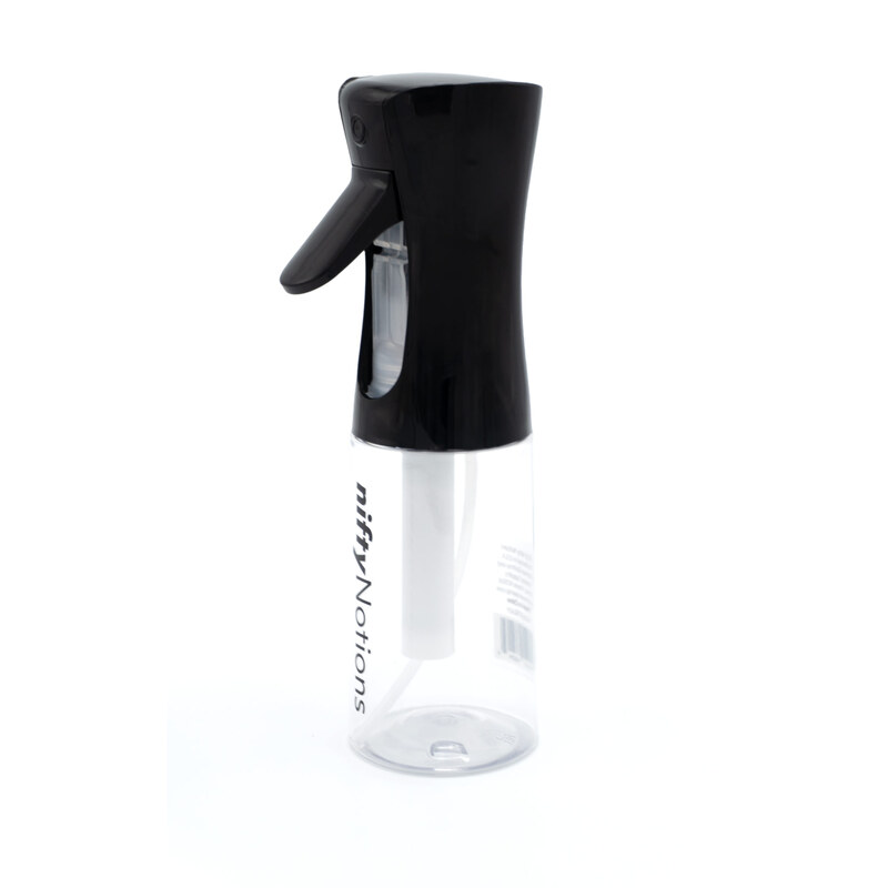 Black spray bottle with a clear body, featuring a trigger spray mechanism.