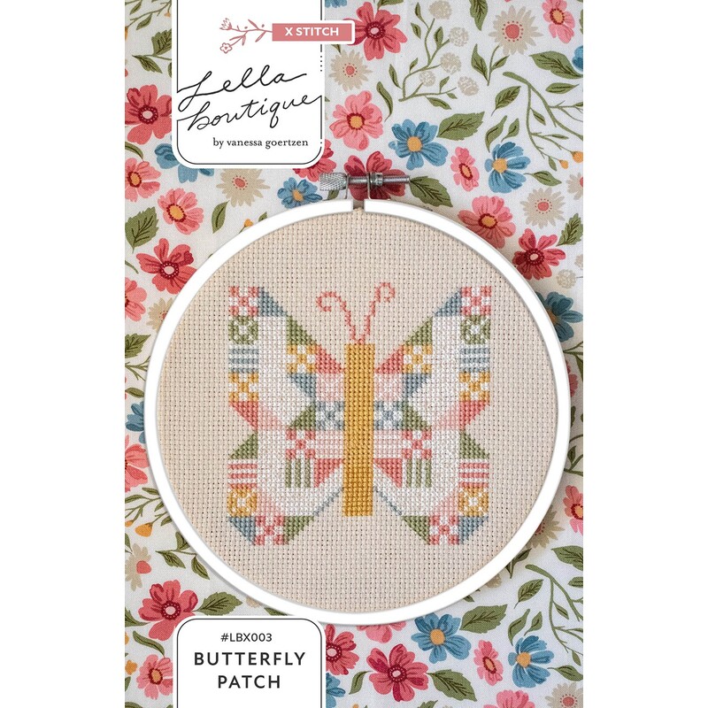 Cross-stitch pattern of a colorful butterfly framed in a circular hoop against a floral background.