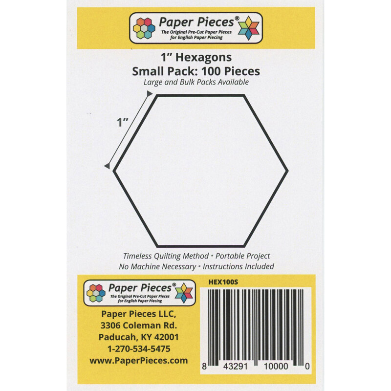 Black outline of a 1-inch hexagon on a white background with product details and barcode.