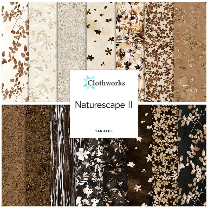 Collage of fabrics in blacks, browns, and creams featuring textures, leaves, and floral patterns labeled Naturescape II by Clothworks.