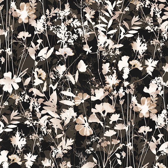Black fabric swatch featuring a silhouetted foliage print in tones of white and light taupe.